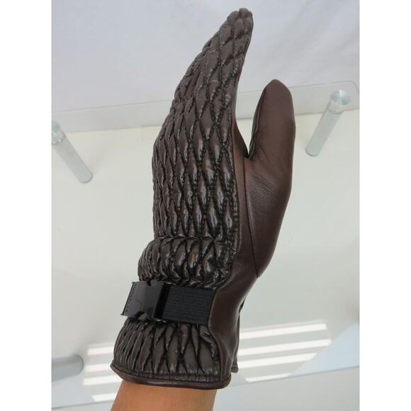 NEW $745 MONCLER QUILTED LEATHER WOOL LINING BROWN WINTER WOMEN GLOVES M ITALY - Picture 3 of 12